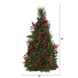 Nearly Natural 2ft. Mixed Berry and Pine Cone Artificial Christmas Tree with 35 Clear LED Lights