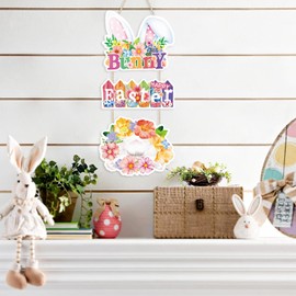 Aryroi Easter Wreath for Front Door,Easter Bunny Door Decor,Colourful Egg Rabbit Sign,Spring Welcome Sign,Spring Flower Wreath,Bunny Hanging Decor for Home Indoor Outdoor Porch Yard Office Party Gift