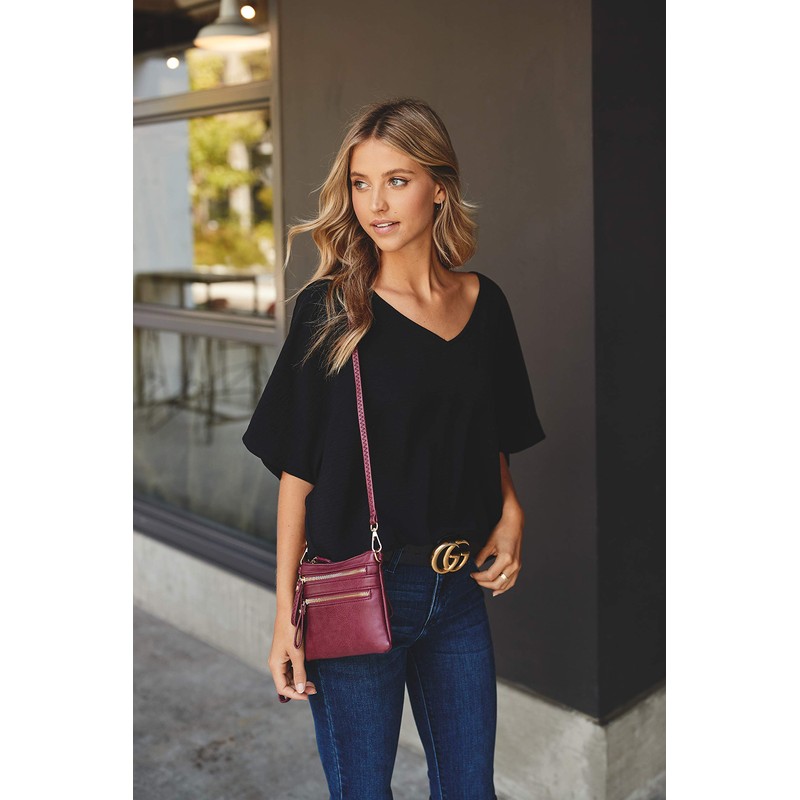 Multi Zipper Pocket Small Wristlet Crossbody Bag (Fuchsia)