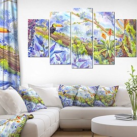 Designart Jungle with Bird Toucan on Tree-Extra Large Wall Art Landscape-60x32 5 Piece-PT10777-373, 60x32-5 Panels Diamond Shape