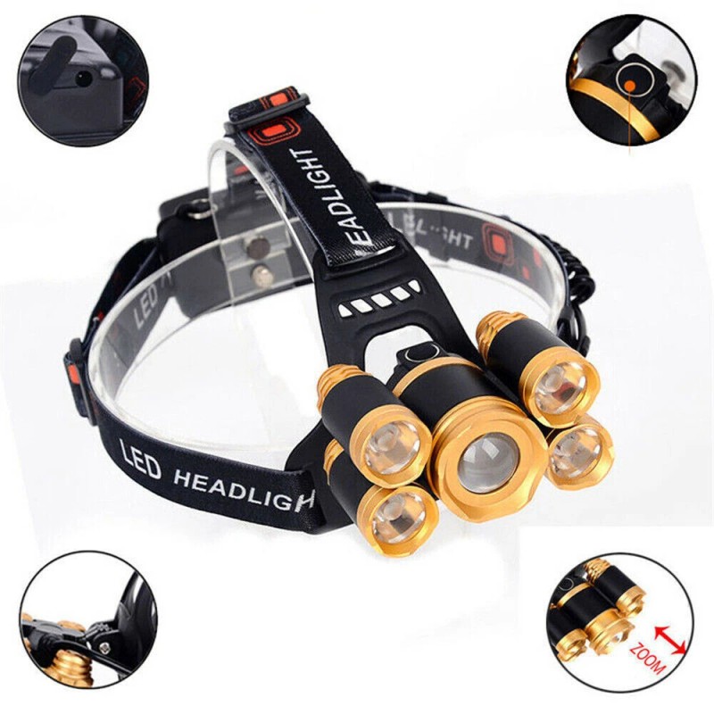 Glam 80000LM 5-LED Zoom LED Rechargeable Headlamp Head Light Torch