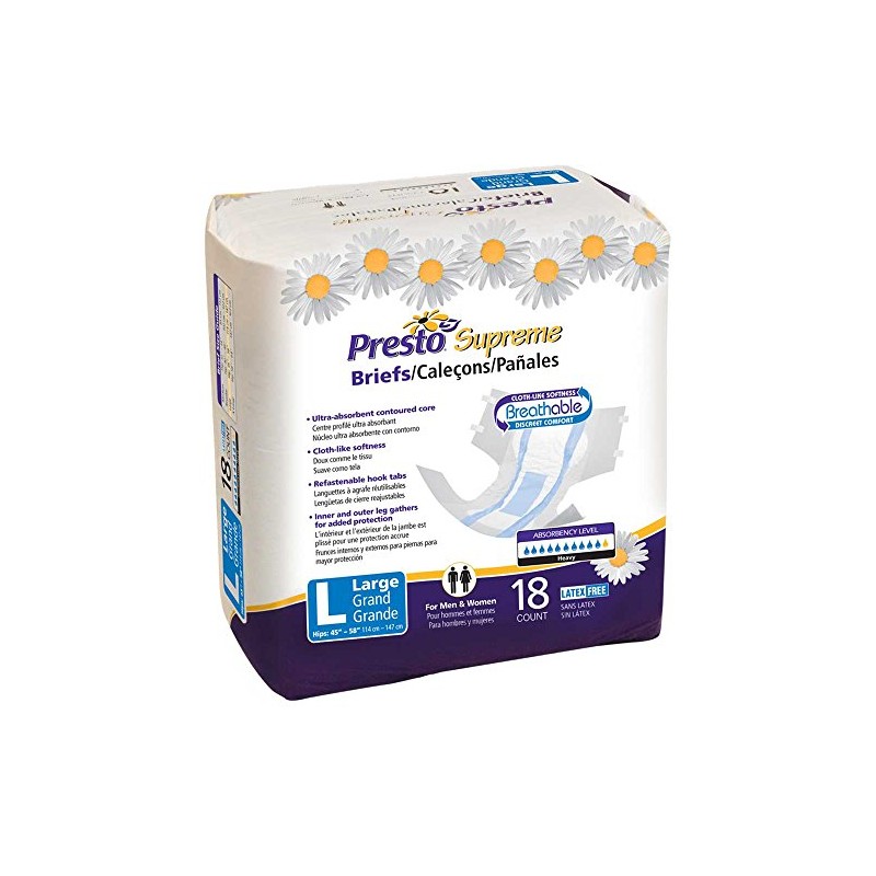 Presto Ultimate Incontinence Briefs, Large Unisex, 45 Inch to 58