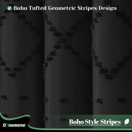 Dynamene Boho Farmhouse Shower Curtain, Black Fabric Chenille Tufted Geometric Striped Textured Cloth Tassel Shower Curtains for Bathroom, Minimalist Shabby Chic Shower Curtain Set 12 Hooks, 72x72