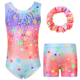 Hovershoes Gymnastics Leotards for Girls Long Sleeve/Sleeveless Sparkle Gymnastics Bodysuit with Shorts & Hairband Set Athletic Ballet Dance Dress Outfit Unitard (L-Sleeveless, 5-6 Years)