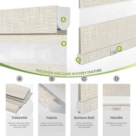 MoDanCeQ Cordless Zebra Blinds for Windows - Customizable Light Filtering & Blackout Zebra Shades, Dual Layer Light Control Window Blinds, Easy Install Zebra Roller Shades, Ivory White, 52" W x 44" H