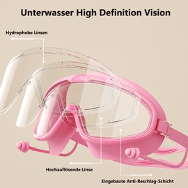 shixuanzhi Microfibre Safety Goggles, Swimming Goggles, Diving Glasses with Ear Plugs, Mirrored Swimming Goggles No Leaking, Anti, Fog UV, Protection 180 Degrees (Pink)