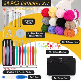 Aeelike Black Crochet Set for Beginners Children with 12 Crochet Yarn, Ergonomic Crochet Hooks for Arthritic Hands