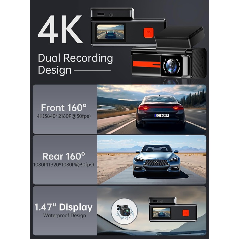 Dash Cam Front and Rear, Veement S80 4k+1080P Dual Dash