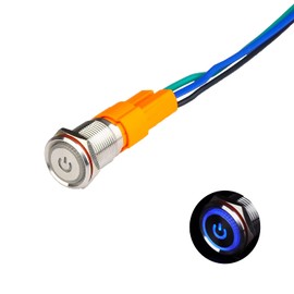 Hosiakly 10A/100V Locking Push Button Switch Alternate Power Mark LED Ring IP67 Waterproof 16mm with Coupler (Blue 110V 10A)