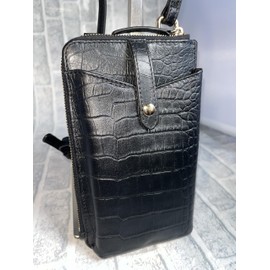 Rebecca JT-240324 Smartphone Pochette Travel Pochette Genuine Cow Leather Croco Embossed Lizard Embossed Women's Men's Cowhide Genuine Leather Smartphone Pouch Travel Pouch Shoulder Bag, Croc Embossed