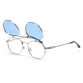 kachawoo Flip Up Sunglasses Men Polarised Sunglasses Metal Fashion Glasses Women Glasses Frame, Silver with blue, Large