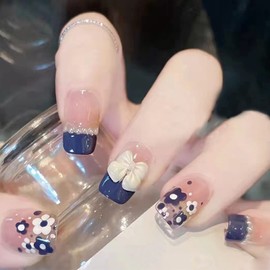 Press on Nails Square Short Length, 24Pcs Full Cover Reusable False Nails Kits, Artificial Fingernails Acrylic Fake Nails for Women, Stick on Nails With Charms, Glue on Nails Coffin Shape(Z317)