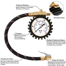 Tyre Pressure Gauge 100 psi 7 bar with Clip On Chuck, ATsafepro 2 Inch Dial Accuracy Analogue Tyre Pressure Gauge Good for Inflating Tyres, Air Pressure Gauge for Convenient Pressure Measurement