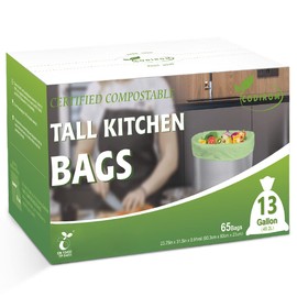Codirom 100% Compostable Trash Bags, 13 Gallon, 49.2 Liter, 0.91 Mils, 65 Count Kitchen Tall Food Scrap Waste Bags for Tall Kitchen Trash Cans with Europe EN13432 Certified