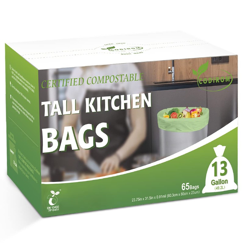 Codirom 100% Compostable Trash Bags, 13 Gallon, 49.2 Liter, 0.91
