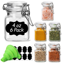 ComSaf 4 oz Glass Jars with Lid, Set of 6 Mini Airtight Glass Jars, Spice Jars, Small Mason Jar, Canning Jar Square with Seal Wire Clip Fastening, Labels & Funnels for Jam, Honey, Kitchen, Wedding