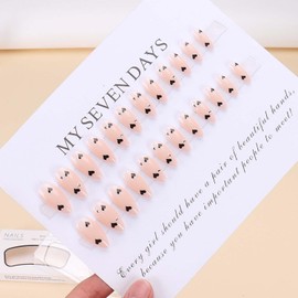Almond Press on Nails Medium Length Fake Nails Glossy Nude Solid Color Acrylic Nails Black Heart Designs Glue on Nails Rhinestone Full Cover Artificial False Nails Almond Stick On Nails for Women