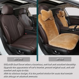 OGLAND Fuzzy Fluffy Fur Sheepskin Universal Car Seat Cover for Auto Soft Cozy Plush Wool Seat Cushion Accessories Automobiles (Honey Beige, 3 Pack Front)
