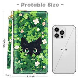 Womens Wallet, RFID Wristlet Wallets for Women, Cute Ladies Clutch Purses, Large Leather Travel Card Holder with Zipper and Phone Holder, Green Leaf Cat