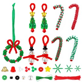 HO2NLE 36pcs Christmas Beaded Ornament Kit Christmas Beads for Crafting Xmas Triangle Beads Red Green White Beads Chenille Stems and Ribbons for Christmas Tree Hanging Decor