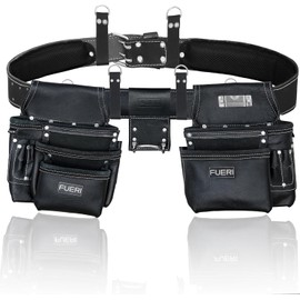 FUERI Leather Tool Belt 17 Pocket Pouches Bags Men Suspenders Holder Organizer for Carpenter Construction Electrician - Black