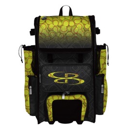 Boombah Rolling Superpack 2.0 Baseball/Softball Gear Bag - 23-1/2" x 13-1/2" x 9-1/2" - Softball Black/Optic Yellow/Red - Telescopic Handle - Holds 4 Bats - Wheeled Version