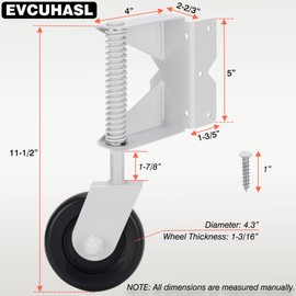 Gate Wheel, Spring Loaded Gate Caster, Heavy Duty Wooden Fence Gate Caster Wheel, 360 Degree Swivel Outdoor Swing or Rolling Gate Support Wheel Kit, 4-1/2 Inch, 220 Lbs Capacity, White (Left & Right)