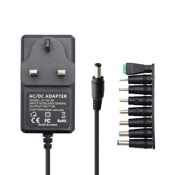 Akaboo 12V 3A Power Supply Adapter,Adapter Power Cord for LCD Monitor TV, Household Appliances, Surveillance Equipment, Led Strips,CCTV Camera DVR NVR,Cisco Router,Alarm bell,Roberts Radio with 8×Tips