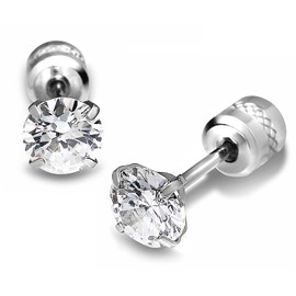 Reiwa Ryojinkan Double-Stone Earrings, Hypoallergenic, Leave-In, Overnight, Simple, Screw Type, Surgical Stainless Steel, Ear Lobe, Pair, Both Ears, Silver Stainless Steel, Cubic Zirconia