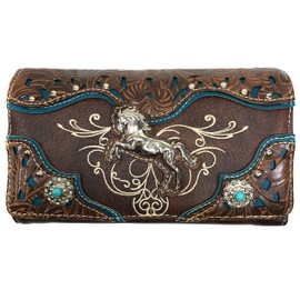 Zelris Western Rearing Horse Embroidered PU Vegan Leather Crossbody Wallet (Brown)