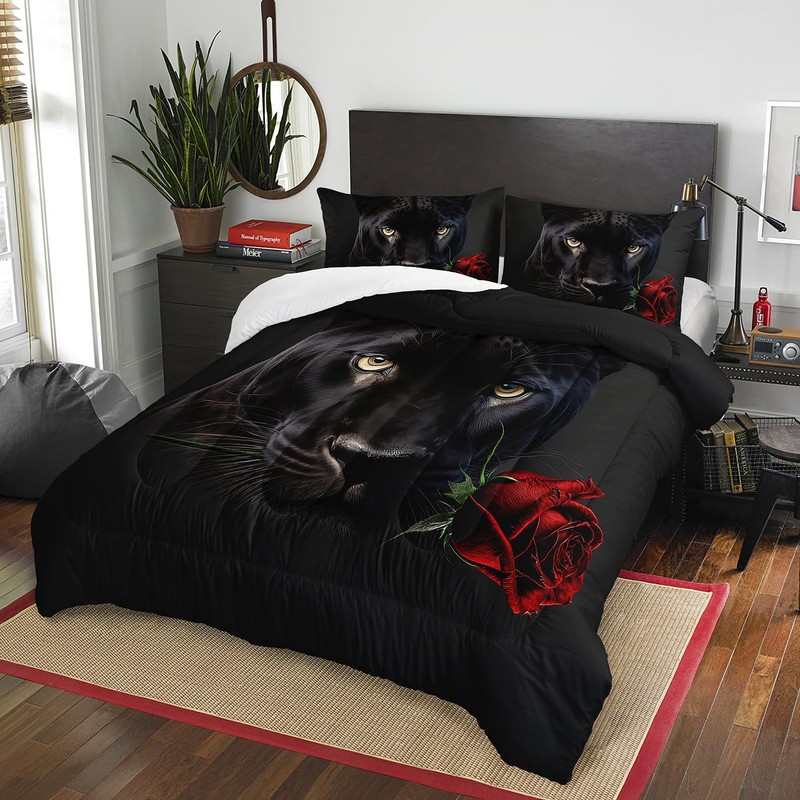 AILONEN Panther Comforter Set Queen Size, 3D Black Leopard with