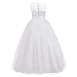 Flower Girls Dress Floor Length Rose Lace Tulle Long Bridesmaid Pageant Fancy Party Wedding Maxi Evening Dance Ball Gown White 10-11 Years
