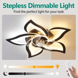 HuixuTe 24" Ceiling Fan with Lights Remote Control, 6 Speeds 3 Colors Geometric Ceiling Fan, Black Low Profile Ceiling Fan with Light for Kitchen Bedroom Living Room
