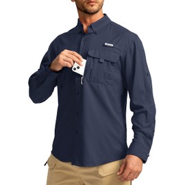 Men's Sun Protection Fishing Shirts Long Sleeve Travel Work Shirts for Men UPF50+ Button Down Shirts with Zipper Pockets(Navy X-Large)
