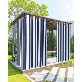 Outdoor Curtains for Patio Waterproof Stripe Indoor/Outdoor Curtain Tiebacks Navy Blue White Stripes Privacy Curtain Sun Blocking Grommet Drapes for Pergolas Gazebo Porch Balcony 2 Panel 54x84 Inch