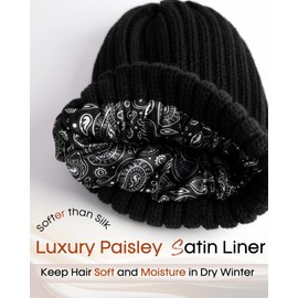FURTALK Women's Satin Lining Bobble Hat for Hair Winter Hat with Faux Fur Bobble, black