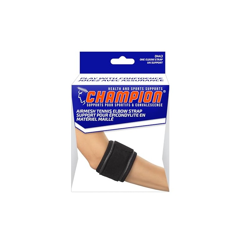 Champion Tennis Elbow Strap, Adjustable Support, Airmesh Fabric, Black, Regular