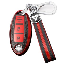 Misuyue N-issan Qashqai Key Cover for N-issan 350Z Qashqai Murano X-Trail Kicks Tiida Micra Pathfinder Note Juke, 3 Button TPU and Leather N-issan Juke Key Cover + Rope Clasp (Red)