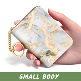 Credit Card Holder for Women, Small RFID Wallet Slim Leather Card Organizer Case with Zipper and Keychain, Grey Marble