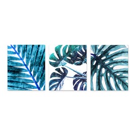Blue Tropical Leaf Botanical Wall Art 3 Piece Print Set 8x10, Unframed Cute and Calming Monstera and Palm Leaves for Bathroom, Bedroom Home Decor
