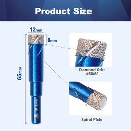 Dry Diamond Drill Bit Set,BRSCHNITT 10pcs/Pack 1/2 Inch (12mm) Diamond Hole Saw Core Drill Bit with Round Shank for Porcelain Tile Ceramic Stone Granite Marble,Hex Shank Dry Drilling
