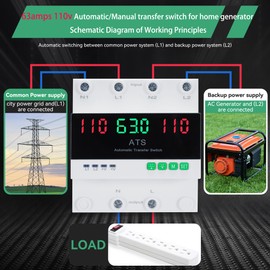 63 amp AC110V Automatic/Manual Transfer Switch with LED Display, 50/60Hz 2P 63A ATS Auto Dual Power Outdoor Changeover Switch for Home Generator, L1 Priority Din Rail Mount Selector Transfer Switches