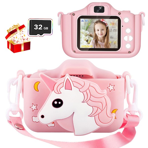 Kids Camera for Girls and Boys, 1080P HD Digital Camera for Toddler 2.0 Inch Screen Camera for Kids with 32GB SD Card, Unicorn Camera Gifts Birthday Gifts for Girls 4-10 Years Old Children