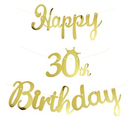 Happy 30th Birthday Banner Crown Garlands Bunting Thirty Years Old Anniversary Photo Booth Background DIY Party Decoration Supplies for Boys or Girls Living Room (Gold)