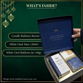 Dukhni White Oud Gift Box | 40g Ma’amoul Al Abyad Bakhoor, 30ml Oud Al Abyad Attar, Classic Bakhoor Burner | Luxurious Arabian Fragrance for Ramadan & Gifting