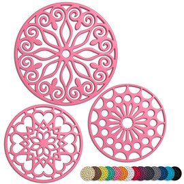 Hot Pink 3 Set Silicone Trivet Mats with 1 Extra Large Included | Intricately Carved Insulated Flexible Durable Non Slip Thick Round Premium Trivets for Hot pots and Pans