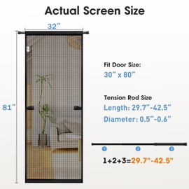 Godwk Hanging Screen Door - Fits Door Size 30" x 80" (Curtain Size 32'' x 81''), Sturdy Fiberglass Door Curtain Has Tension Rod&Hook&Loop Two Ways of Use, Heavy Duty Durable Door Screen