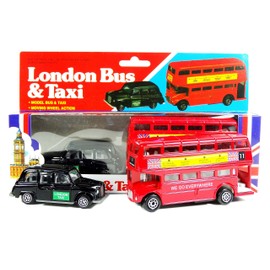 London Double Decker Red Bus and Black Taxi Models (Moving Wheel Action) Made of Die Cast Metal and Plastic Parts