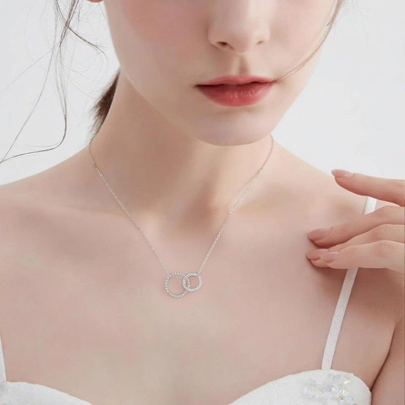 INURAN S925 Sterling Silver Two Interlocking Circles Necklace Moissanite Double