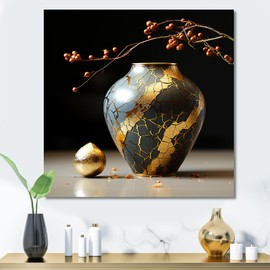 DesignQ Japan Art Oversized Wall art decor, Japan Art Wall Art, Golden Art Of Kintsugi Pottery In Japan, Gold Canvas wall art, 36x36 inches